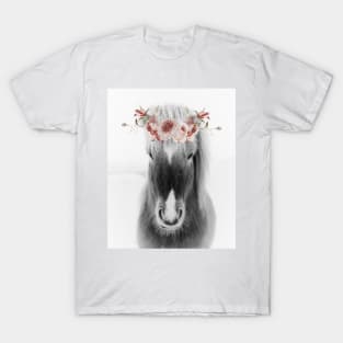 Icelandic Horse Portrait with Flowers, black and white T-Shirt